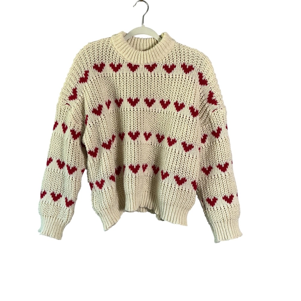 Cream Heart Print Chunky Open Knit Crewneck Sweater Red Hearts Relaxed Fit M